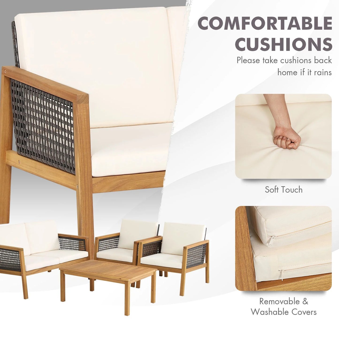 4-Piece Patio Acacia Wood Furniture Set with Removable Cushions