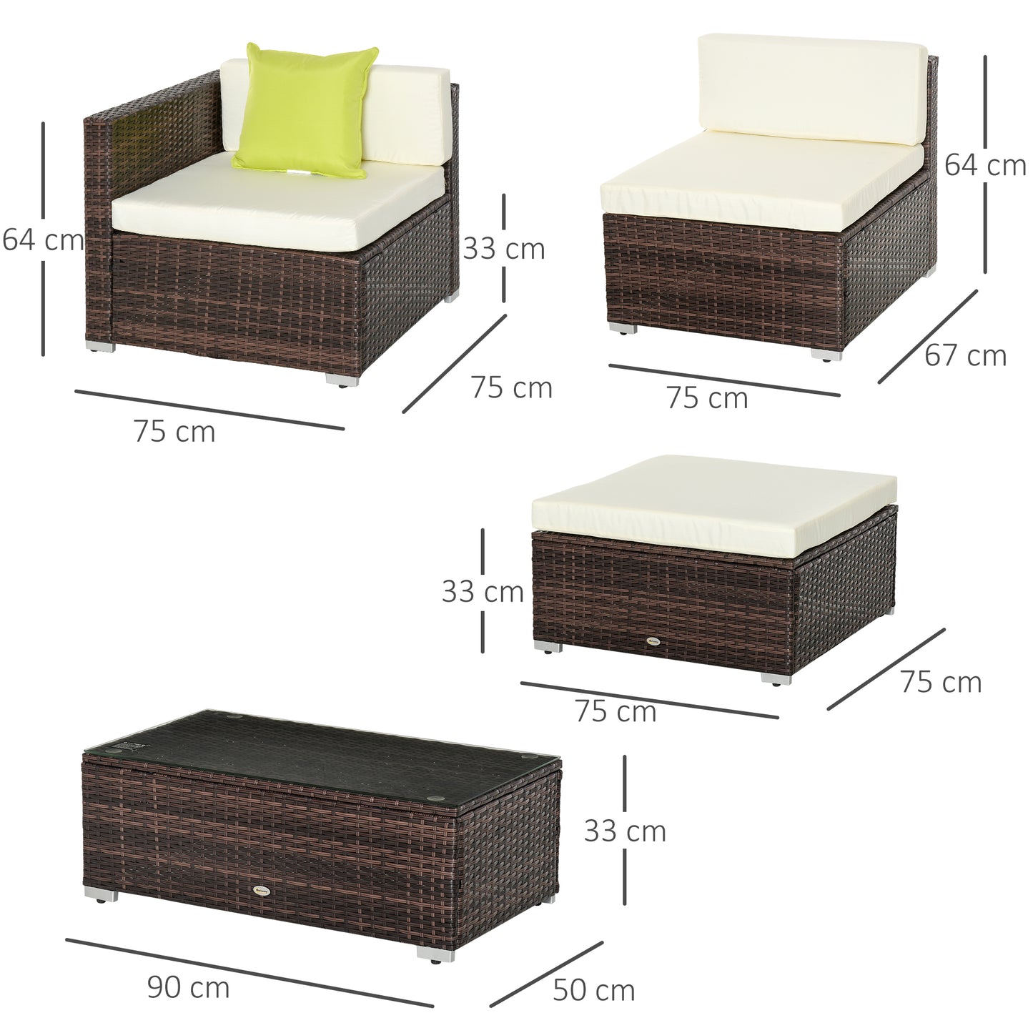 5 Pieces Rattan Sofa Set Wicker Sectional Furniture Cushion Black Brown Grey