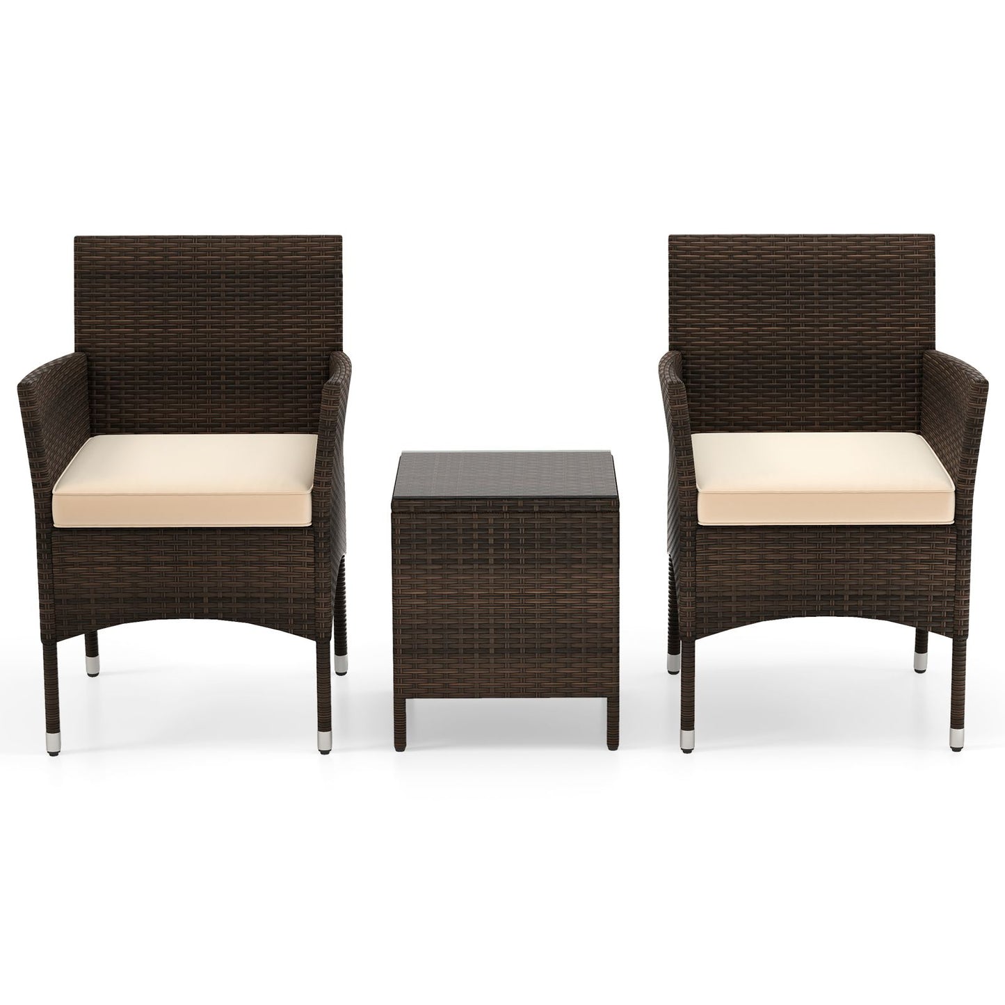 3 Pieces Patio Rattan Furniture Set with Soft Cushions and Glass Top Table