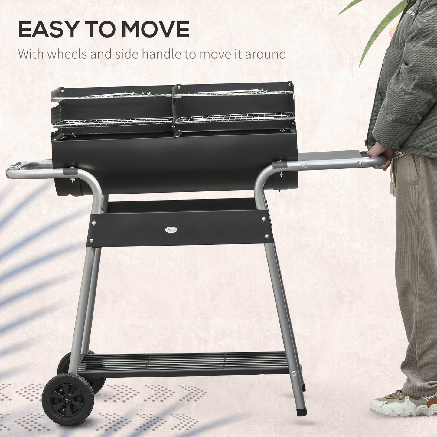 Charcoal Barbecue Grill Trolley with Double Grill, Side Table and Storage Shelf