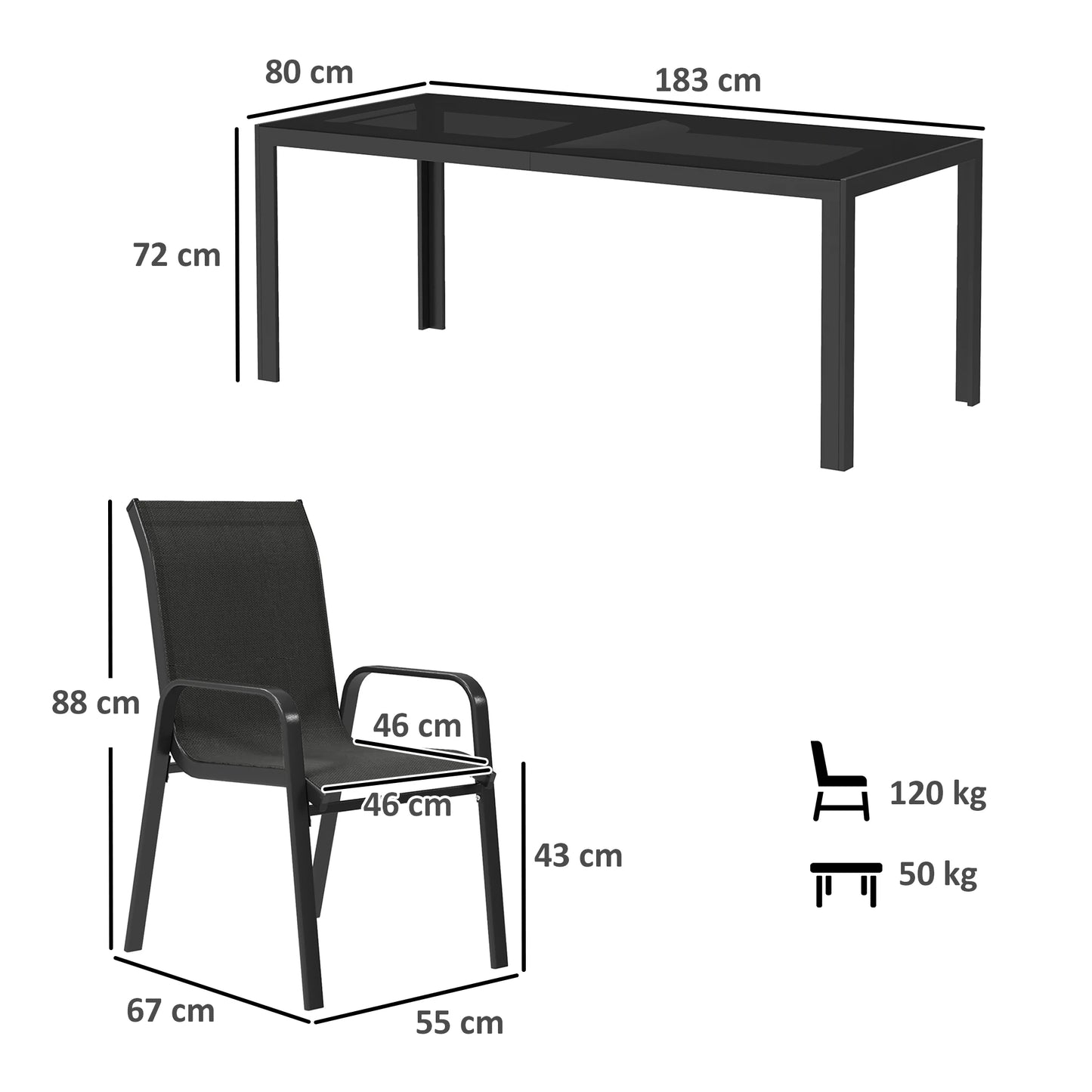 8 Seater Garden Dining Set with Stacking Chairs, Rectangular Tempered Glass Top, Garden Furniture Set, Black
