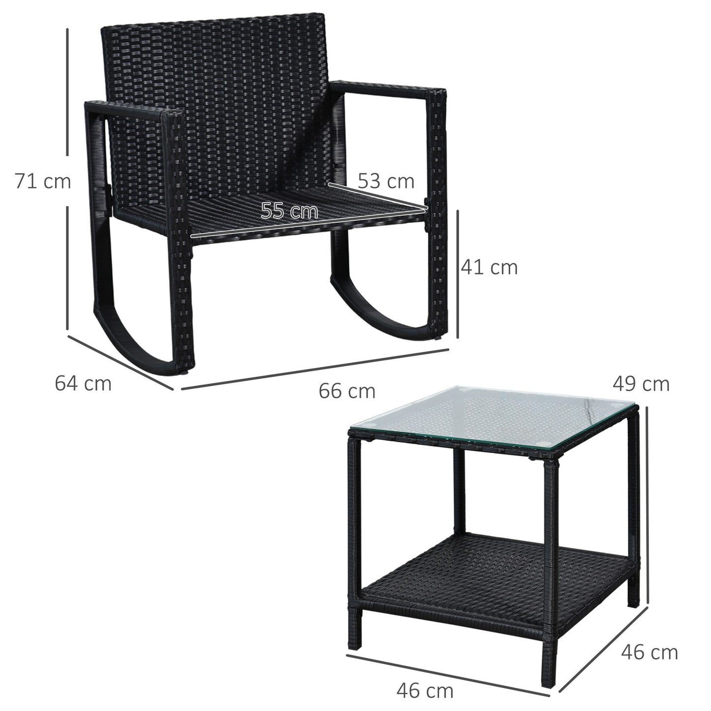 3Pcs Rattan Rocking Set Patio Bistro Table Chairs Conversation W/ Cushion