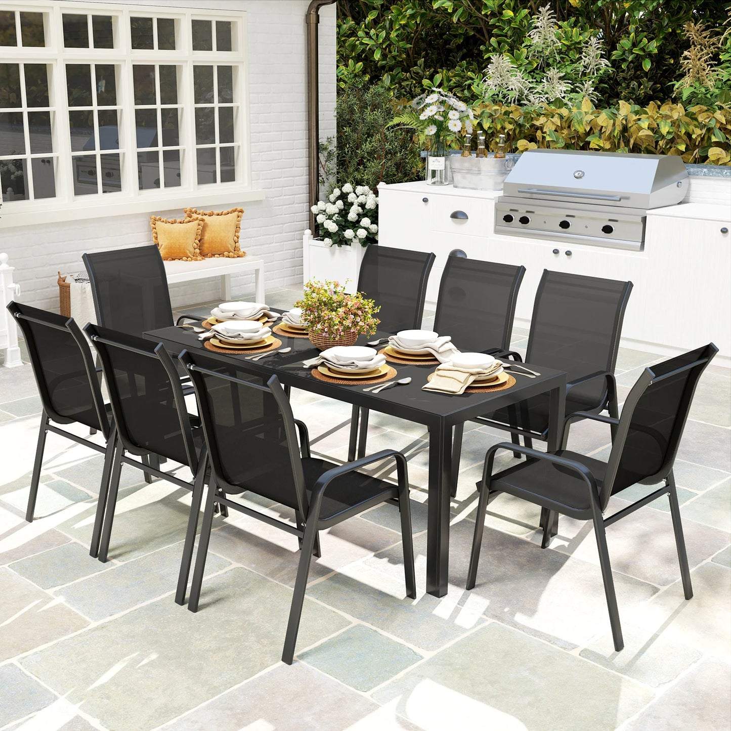 8 Seater Garden Dining Set with Stacking Chairs, Rectangular Tempered Glass Top, Garden Furniture Set, Black