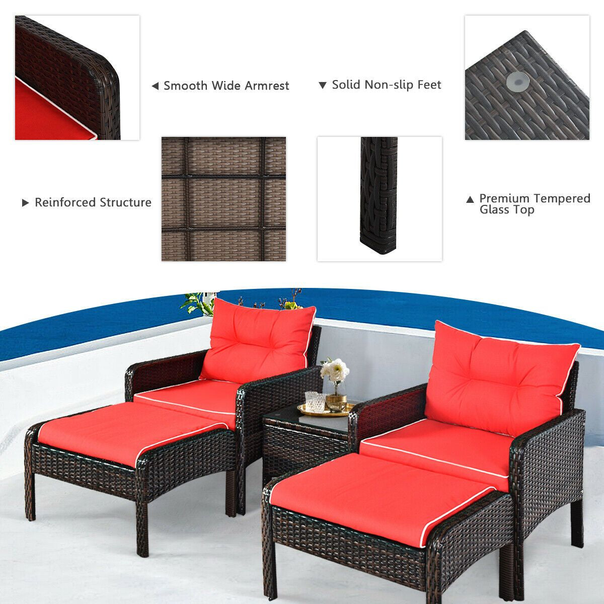 5 Piece Rattan Wicker Lounge Set with Cushion