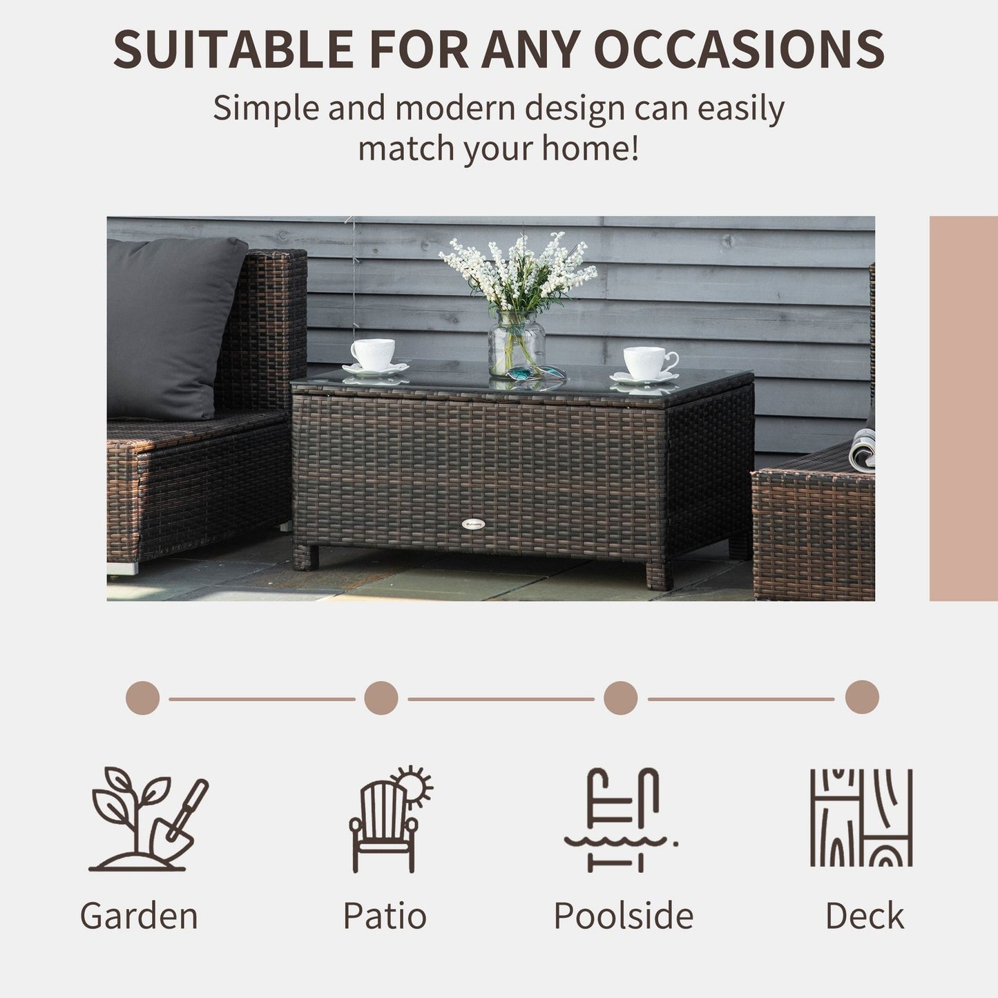 Outsunny Garden Rattan Side Table,Wicker Coffee Desk, Glass Top, Mixed Brown