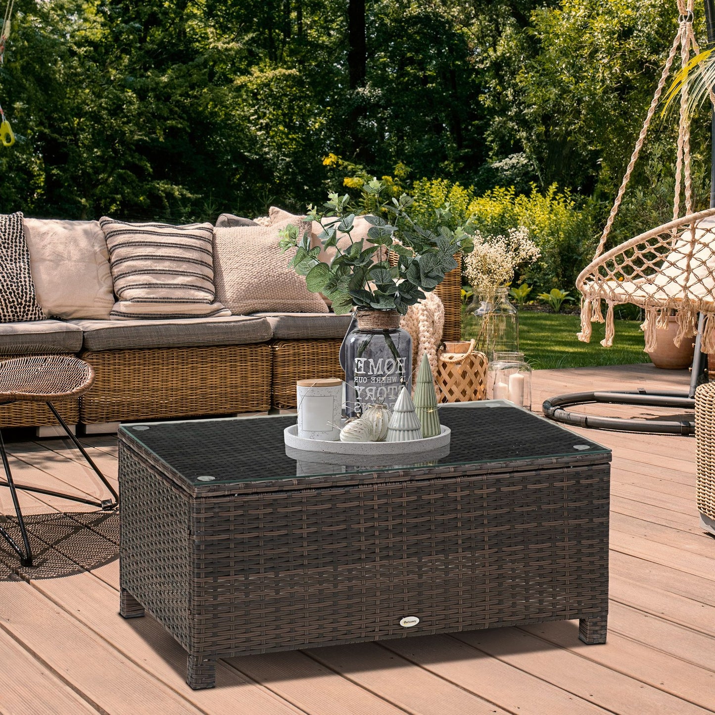 Outsunny Garden Rattan Side Table,Wicker Coffee Desk, Glass Top, Mixed Brown