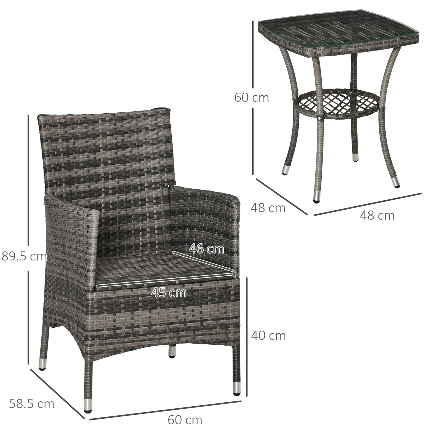 Outsunny Rattan Bistro Set Garden Chair Table Patio Outdoor, Mixed Grey