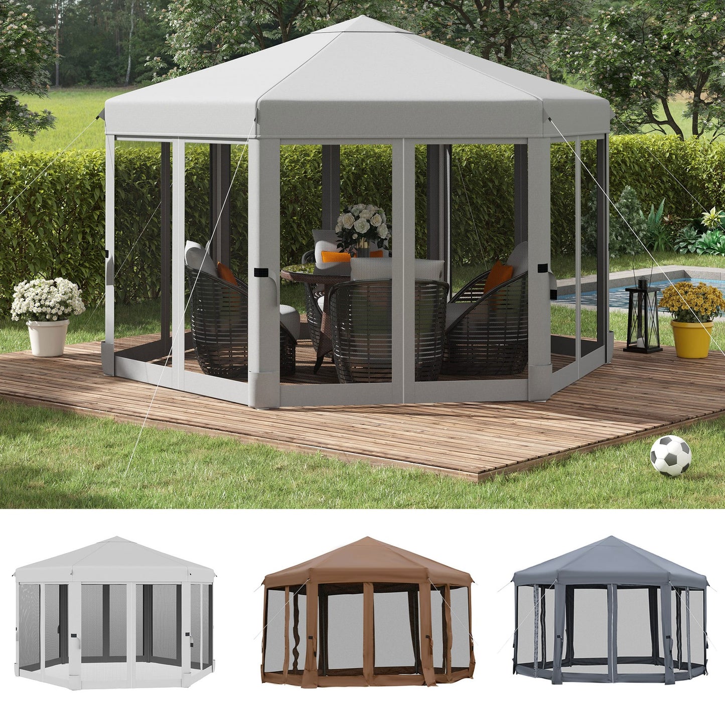 3.2M Outdoor Pop up Gazebo Hexagonal Canopy Tent with Mesh Sidewalls Handy Bag