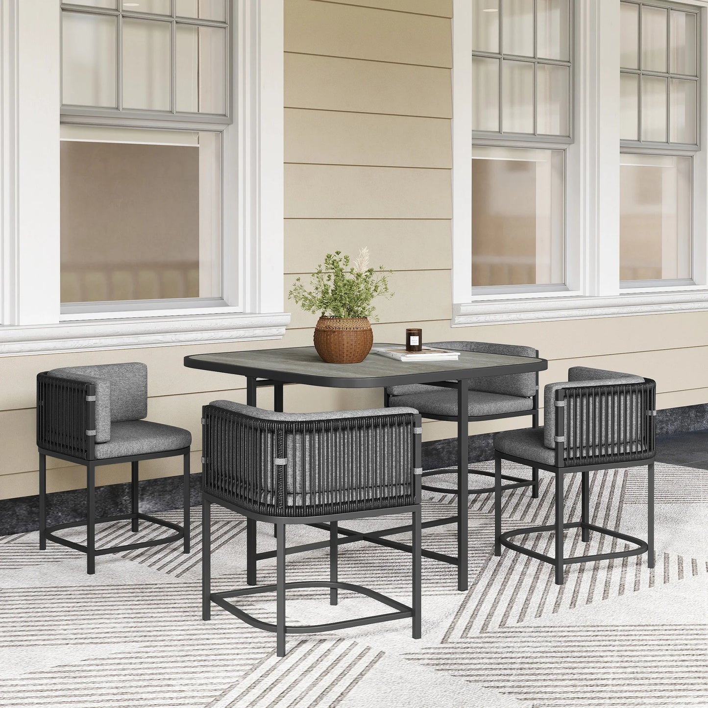 4 Seater Rattan Dining Set with Cushions, Charcoal Grey