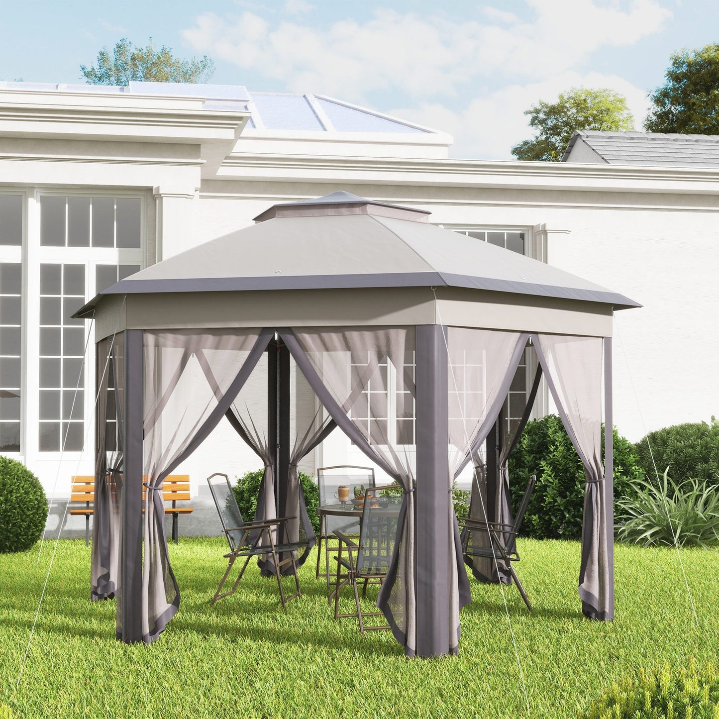 Hexagon Patio Gazebo Garden Shelter Heavy-Duty Double Roof W/ Mesh, 3 X 4M