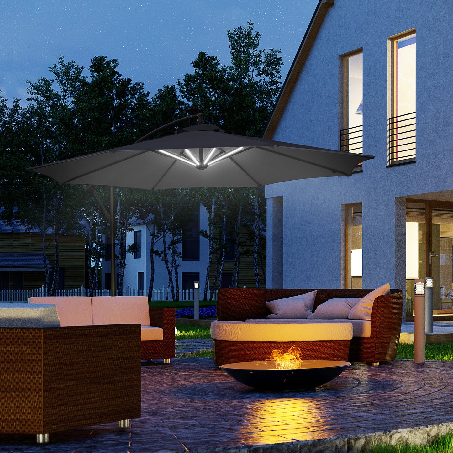 3(M) LED Patio Banana Umbrella Cantilever Parasol W/ Solar Lights Crank Handle