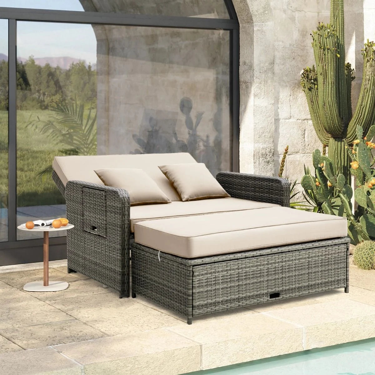 Patio Rattan Daybed Set with Multipurpose Ottoman and Retractable Side Tray