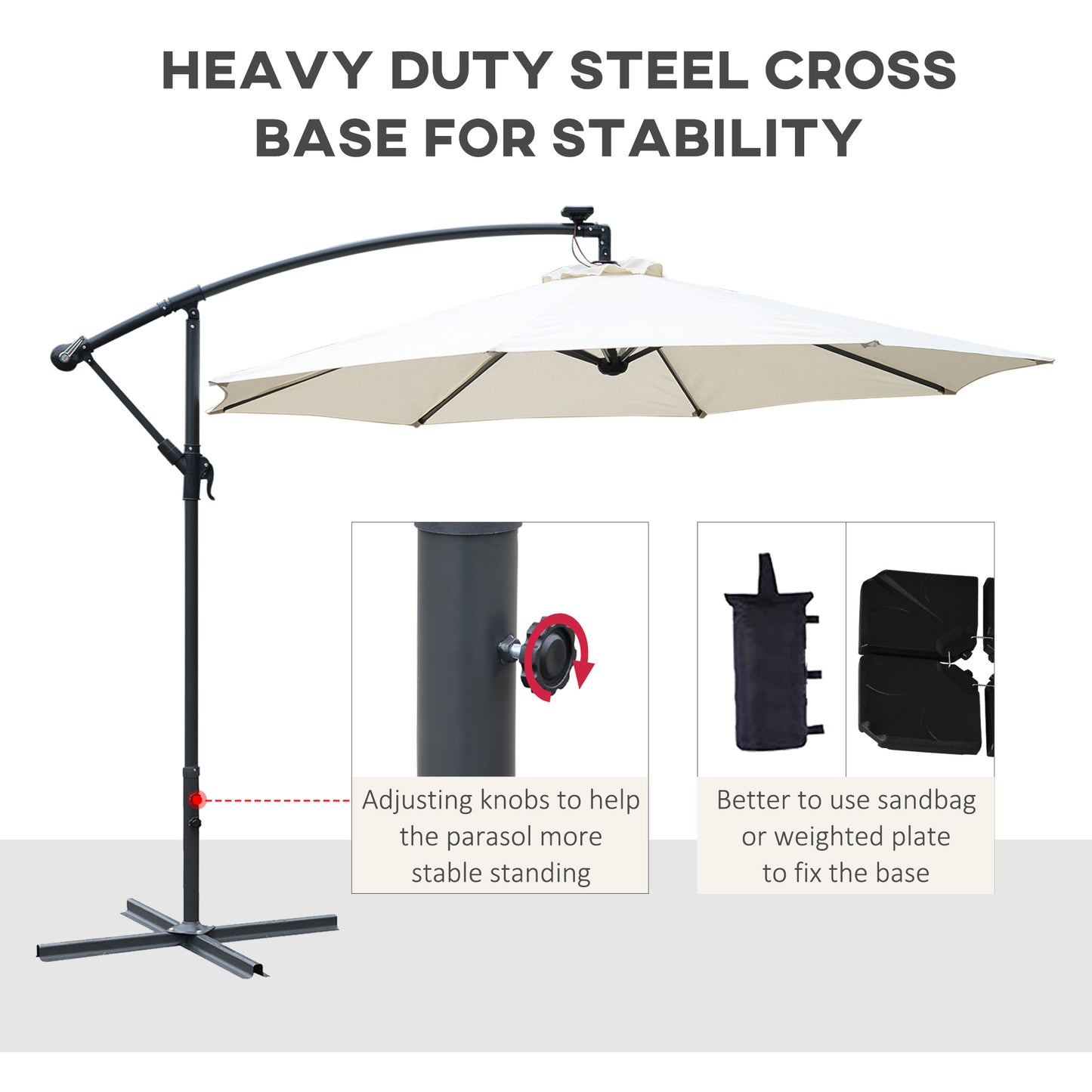 3(M) LED Patio Banana Umbrella Cantilever Parasol W/ Solar Lights Crank Handle