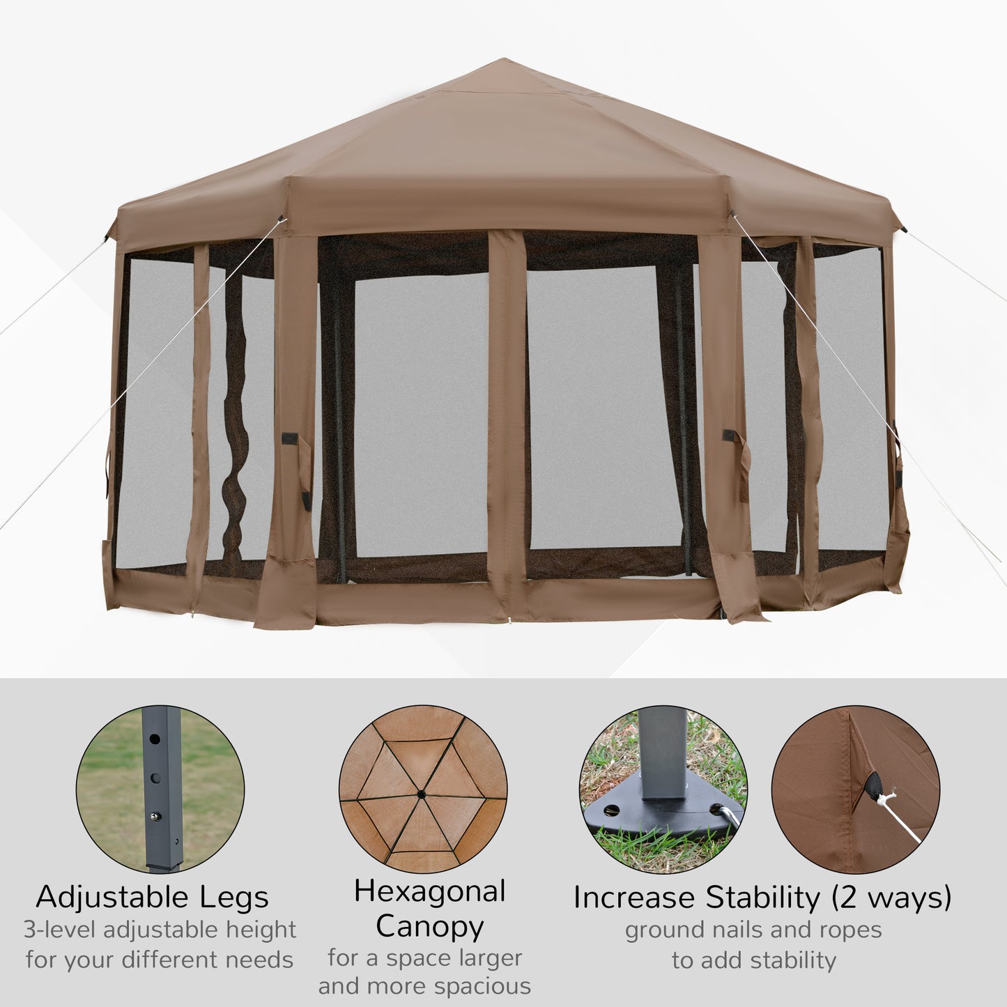 3.2M Outdoor Pop up Gazebo Hexagonal Canopy Tent with Mesh Sidewalls Handy Bag