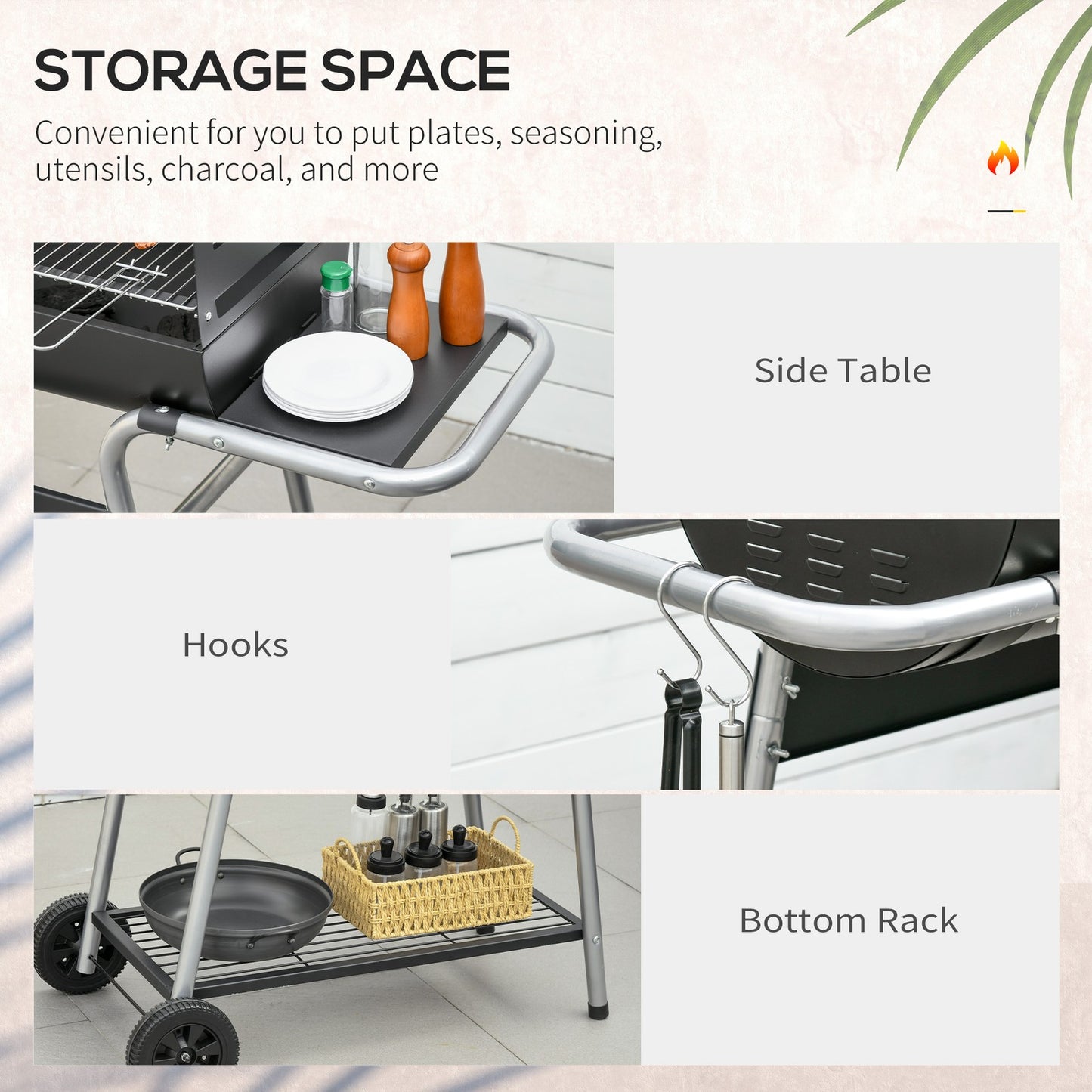 Charcoal Barbecue Grill Trolley with Double Grill, Side Table and Storage Shelf
