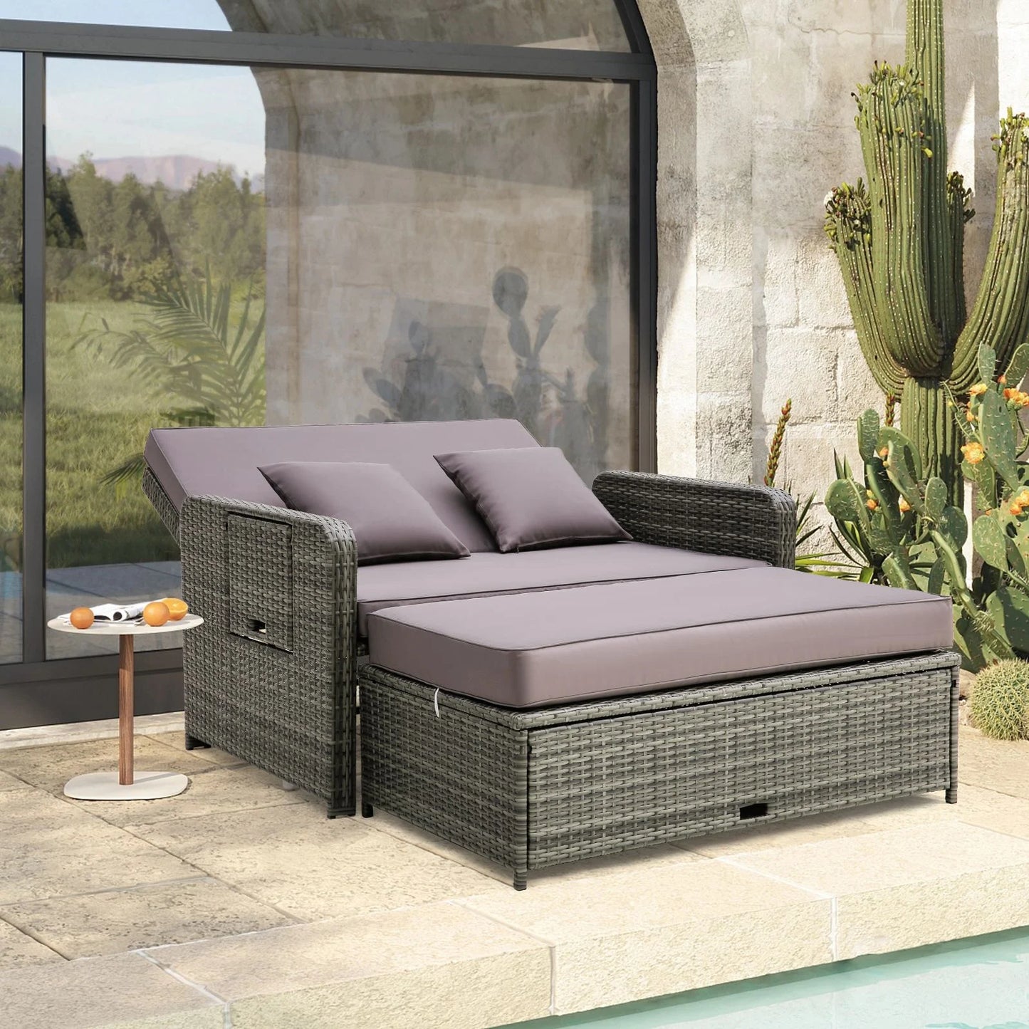 Patio Rattan Daybed Set with Multipurpose Ottoman and Retractable Side Tray