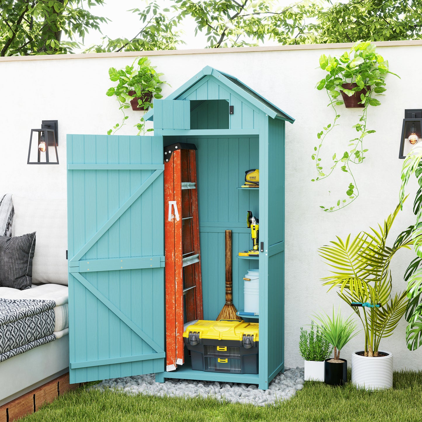 Garden Storage Shed 3 Utility Shelf Tool House W/ Asphalt Roof Lockabke Door