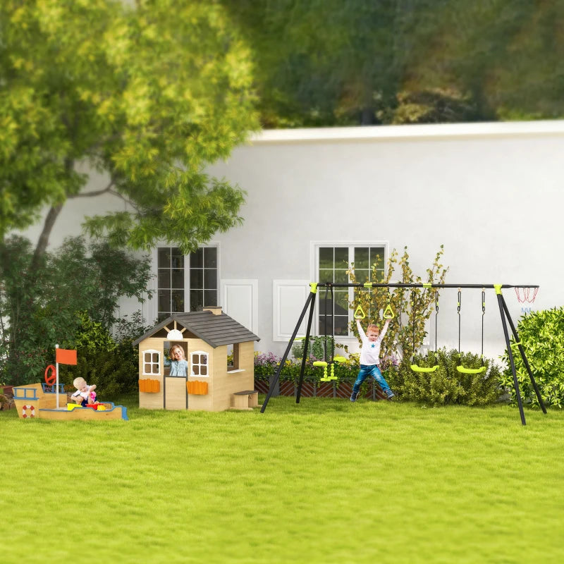 Outsunny Wooden Kids Playhouse Outdoor Garden Games Cottage, Windows, Bench, Service Stations, Flowerpot Holder