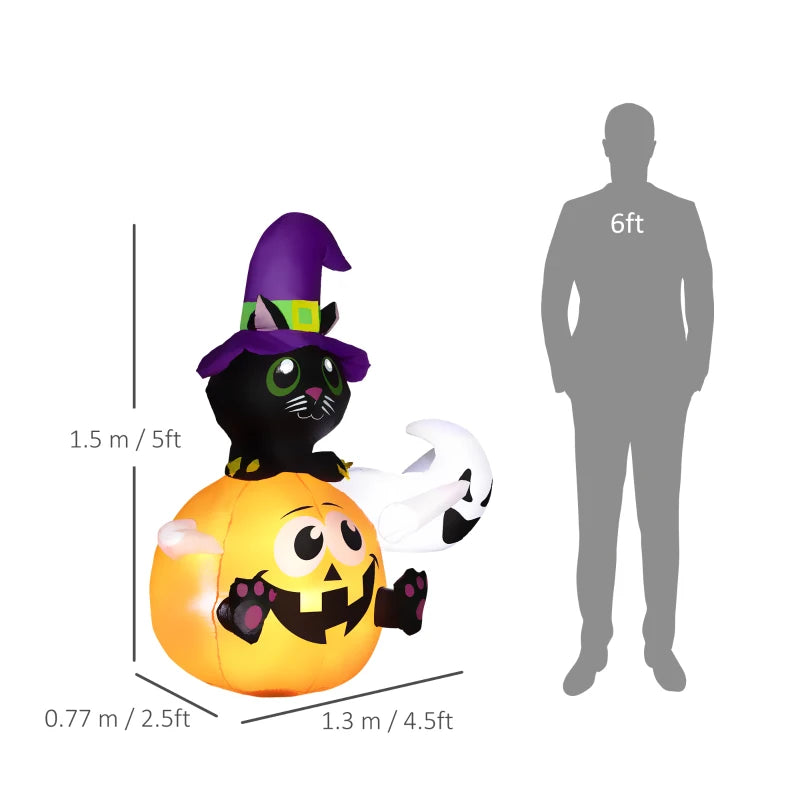 Outsunny 4.9FT Tall Halloween Inflatable Black Cat Riding Pumpkin with White Ghost