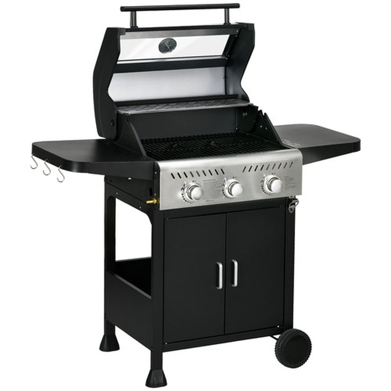 3 Burner Gas BBQ Trolley with See-Through Lid, 9 Kw Propane Gas Barbecue, Black