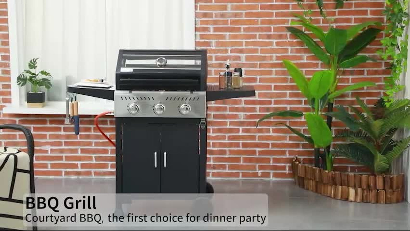 3 Burner Gas BBQ Trolley with See-Through Lid, 9 Kw Propane Gas Barbecue, Black