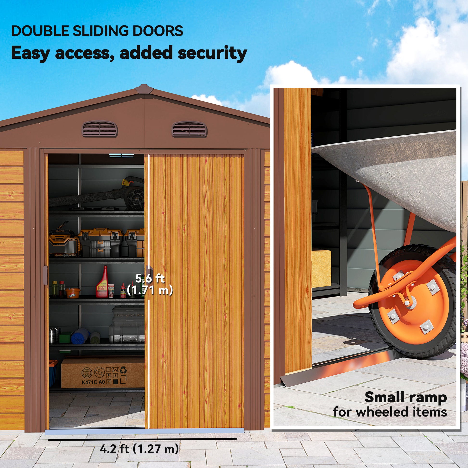 Garden Shed Tool Storage Overlap Construction Sliding Door Brown Wood Grain
