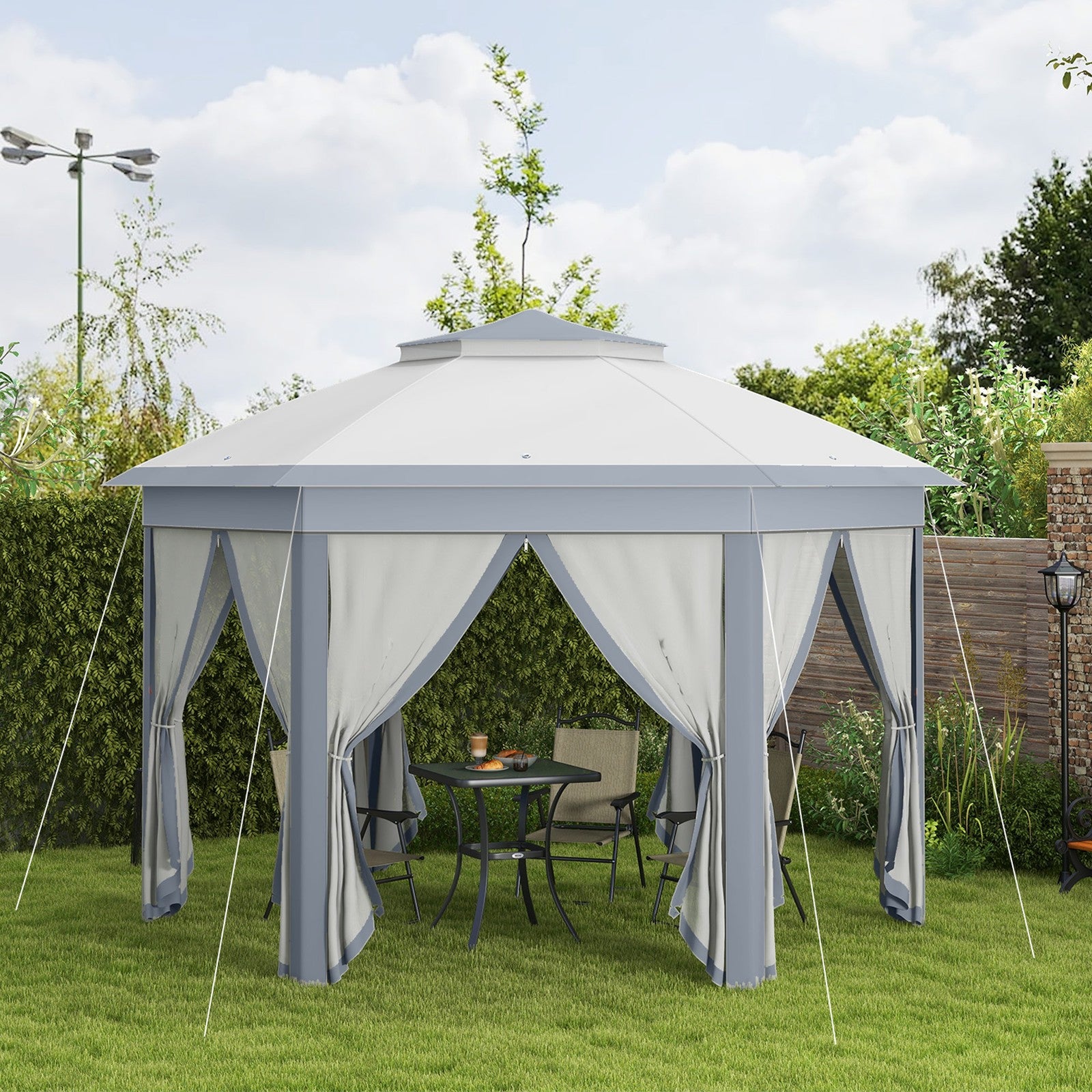 Outsunny 3X4M Hexagon Gazebo W/ Mesh Curtains Outdoor Garden, Grey
