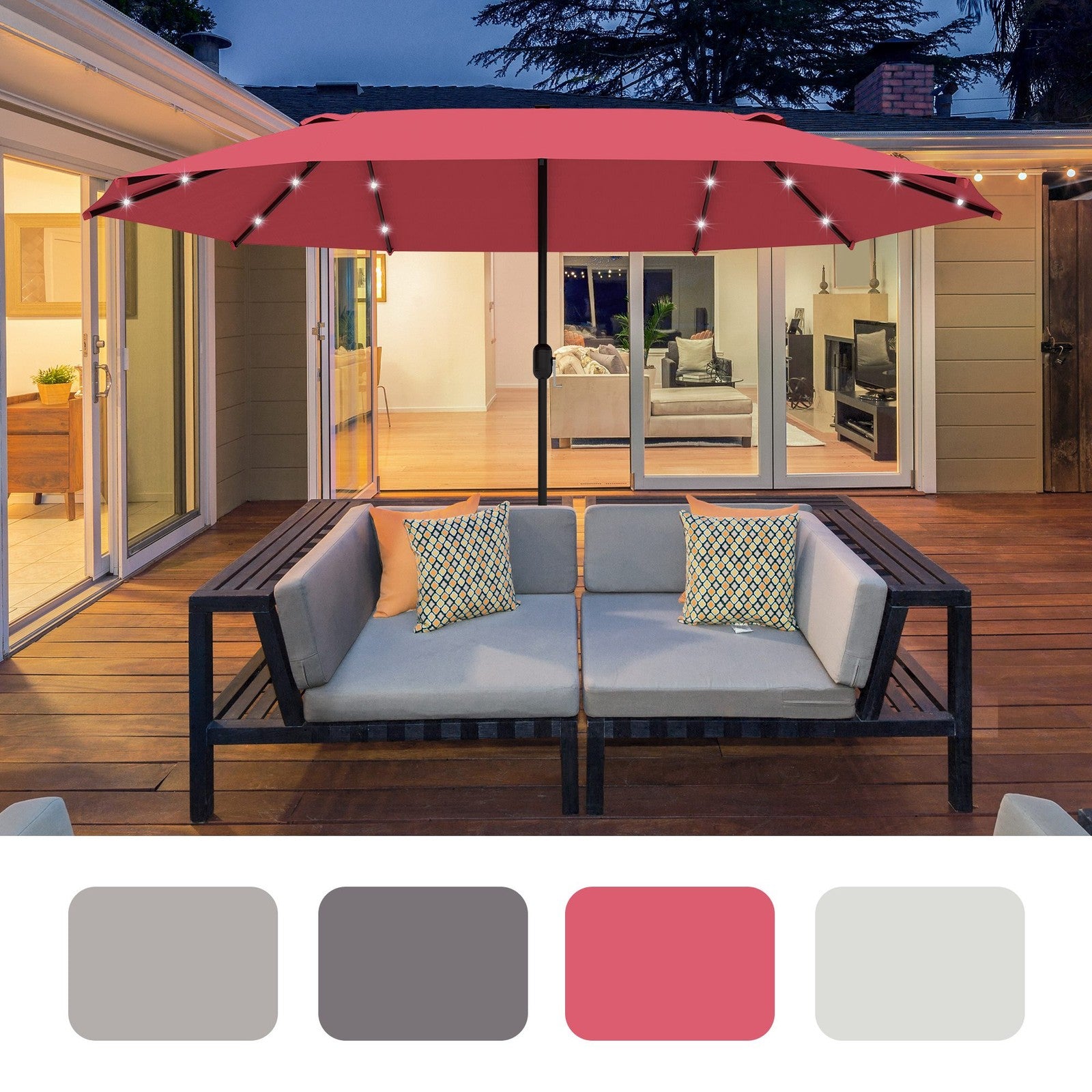 4.4M Double-Sided Sun Umbrella Patio Parasol with LED Solar Lights for Garden