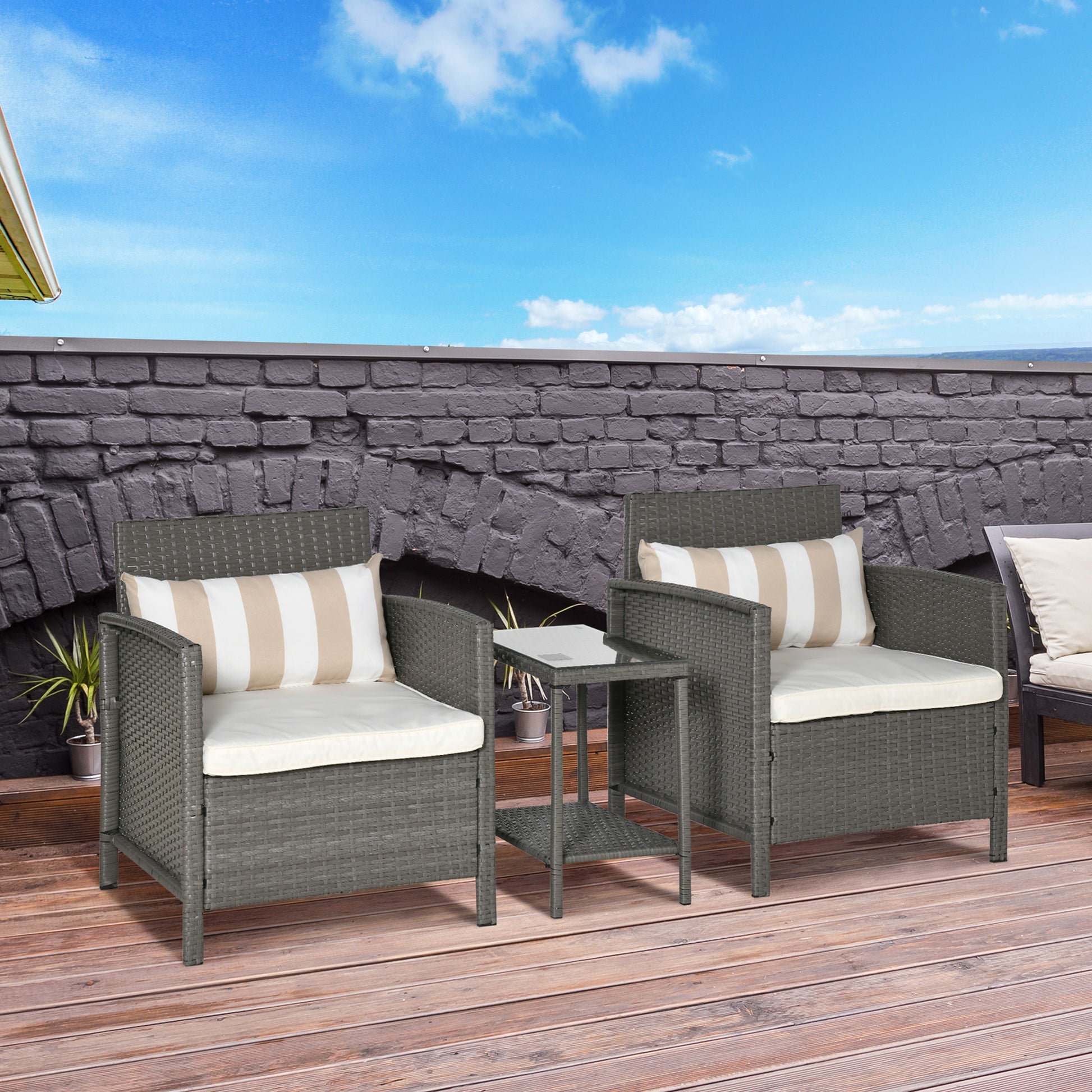 3 Pcs Rattan Outdoor Patio Set 2 Cushioned Single Sofa Coffee Table Conservatory