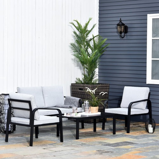 4 Pcs Aluminium Garden Dining Set W/ 2 Chairs,Glass Top Table,Cushions Black