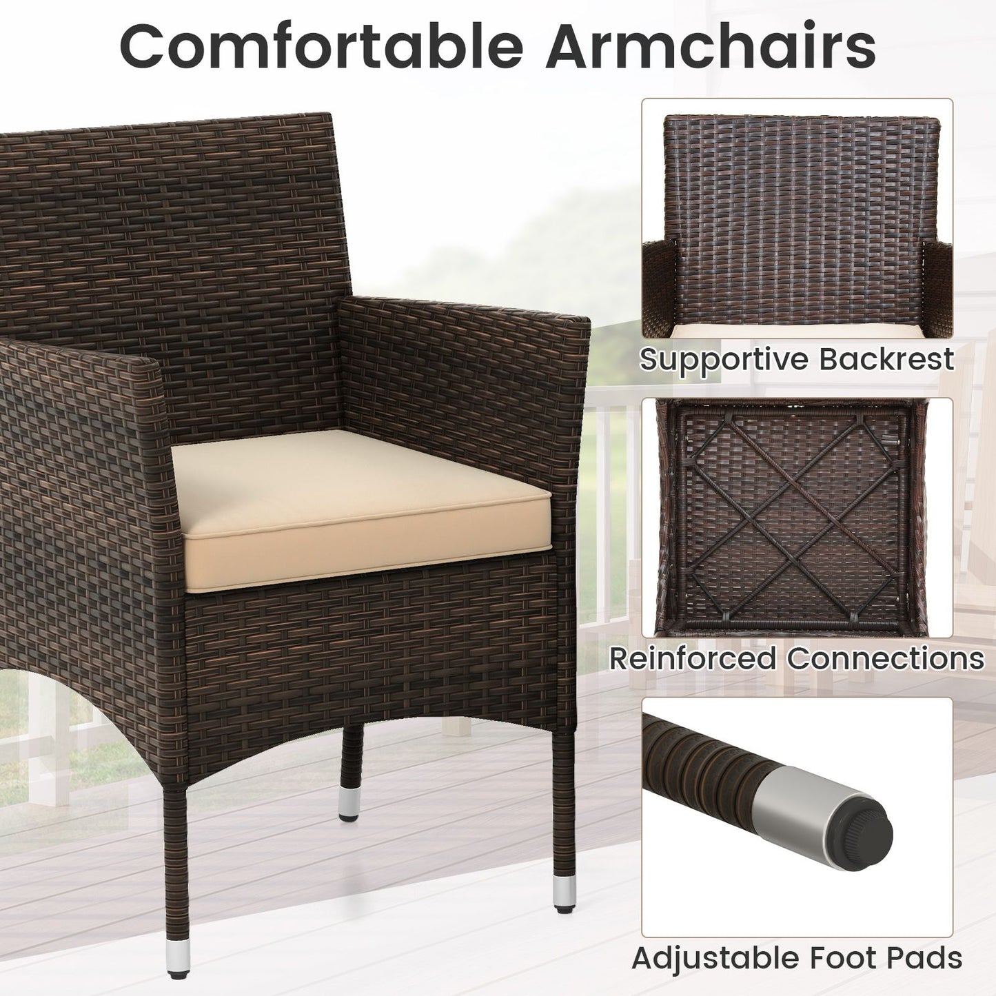 3 Pieces Patio Rattan Furniture Set with Soft Cushions and Glass Top Table
