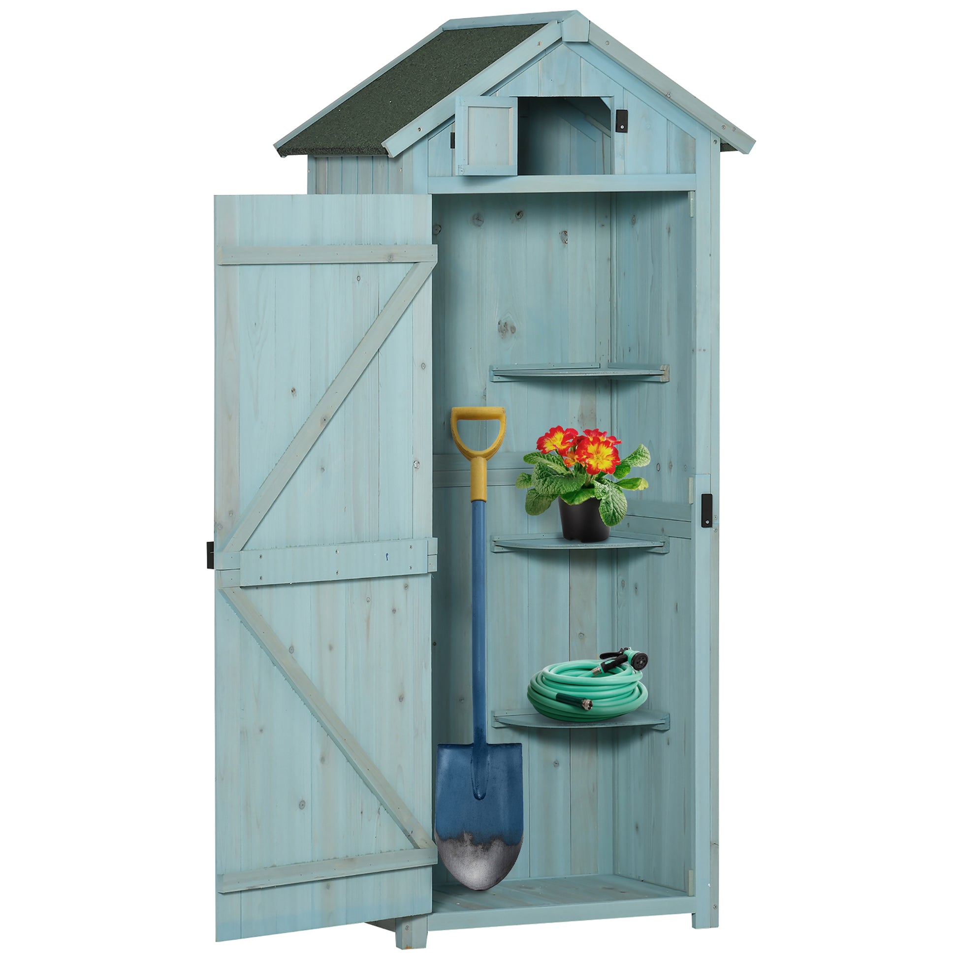Garden Storage Shed 3 Shelves Tool House W/ Asphalt Roof 77 X 54 X 179 Cm