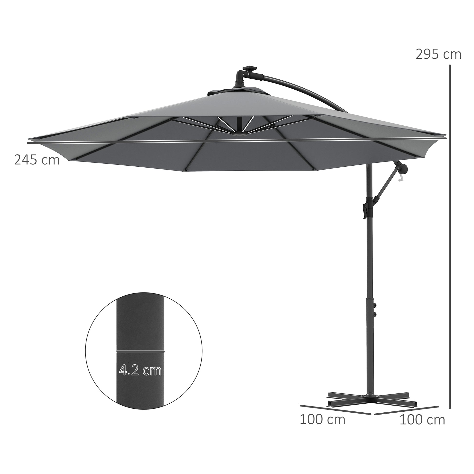 3(M) LED Patio Banana Umbrella Cantilever Parasol W/ Solar Lights Crank Handle