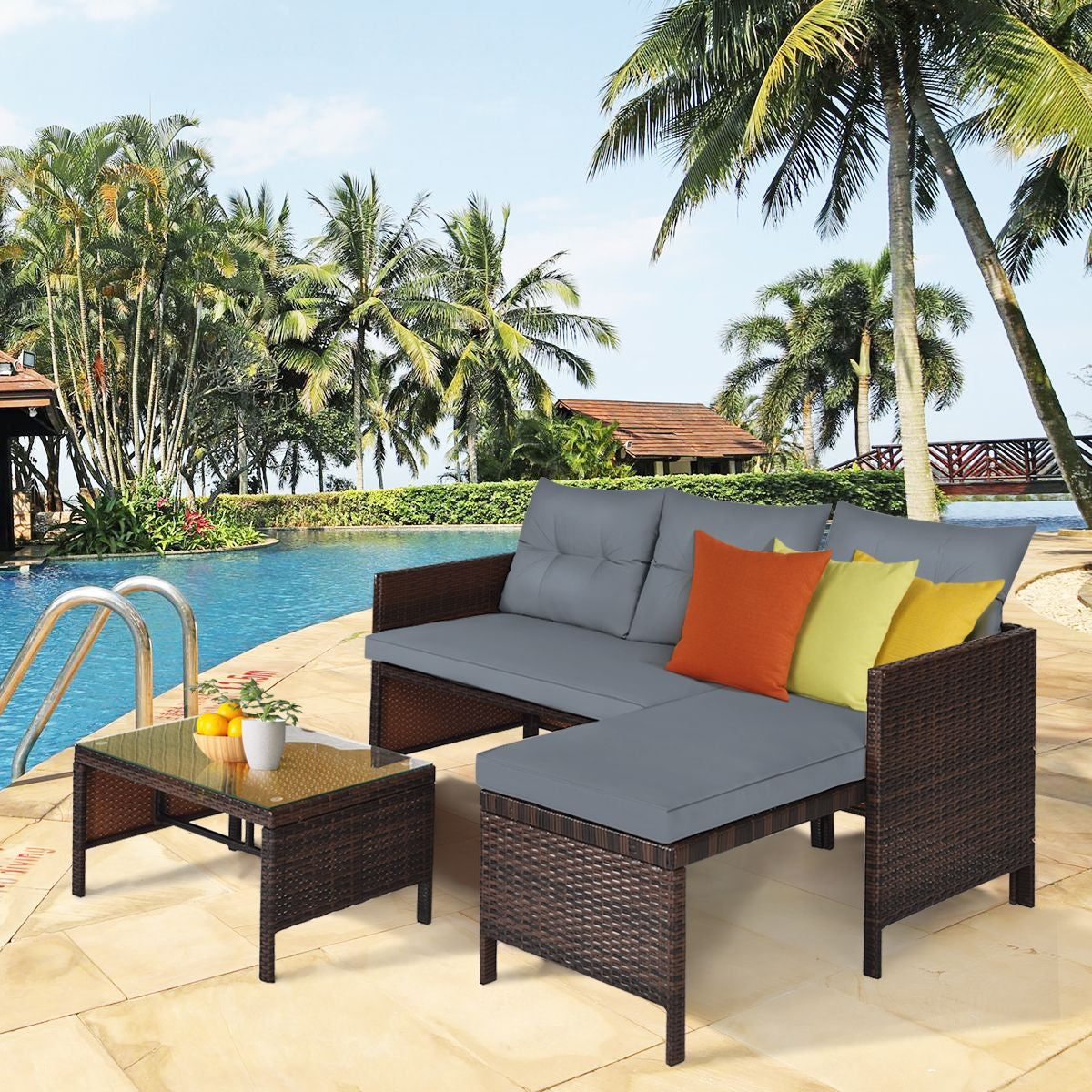 3 Pieces Patio Conversation Bistro Set with Washable Couch Cushion