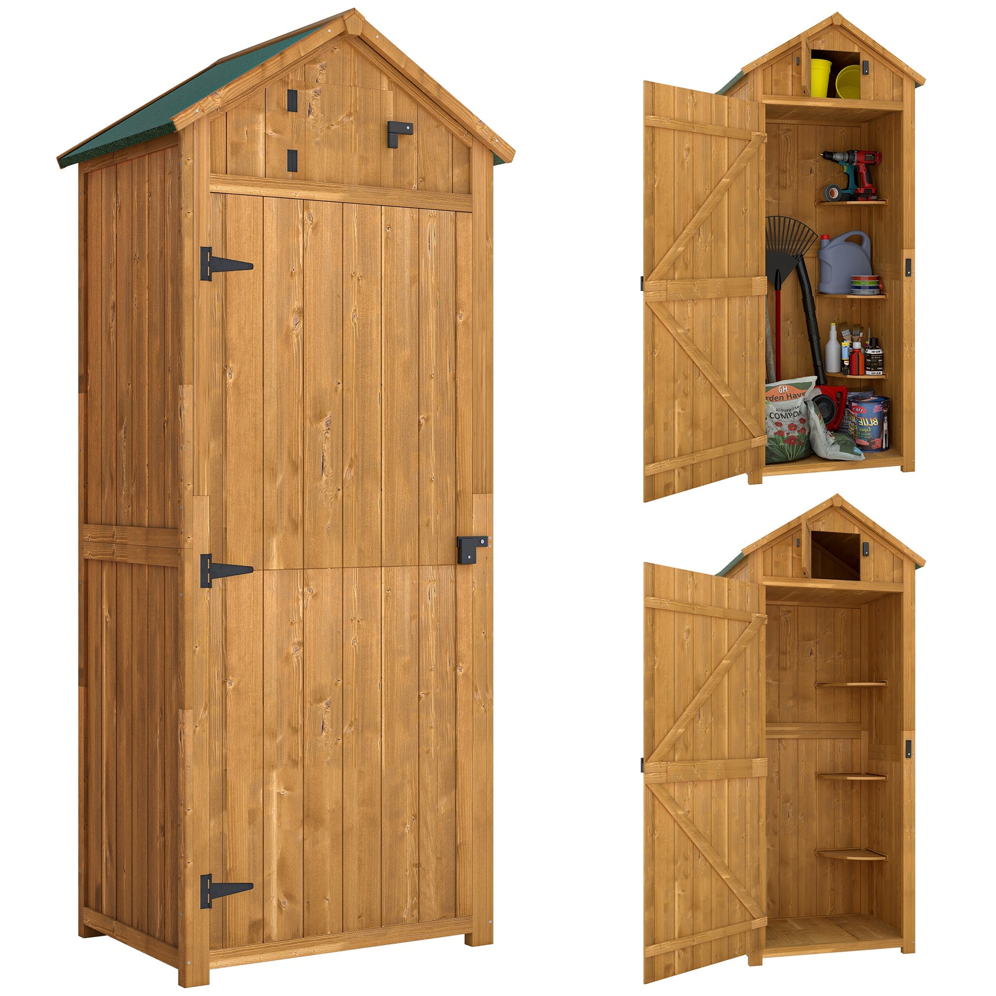 Garden Storage Shed 3 Shelves Tool House W/ Asphalt Roof 77 X 54 X 179 Cm