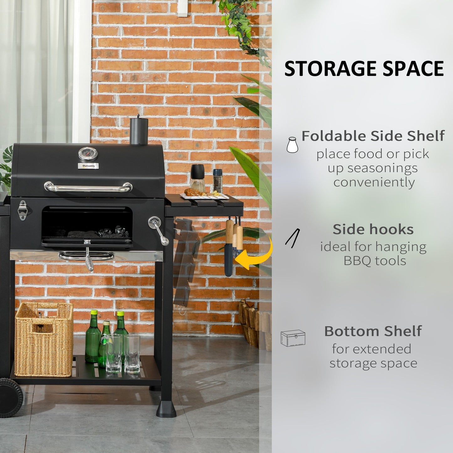 Charcoal BBQ Grill Smoker Trolley with Shelves, Bottle Opener and Wheels