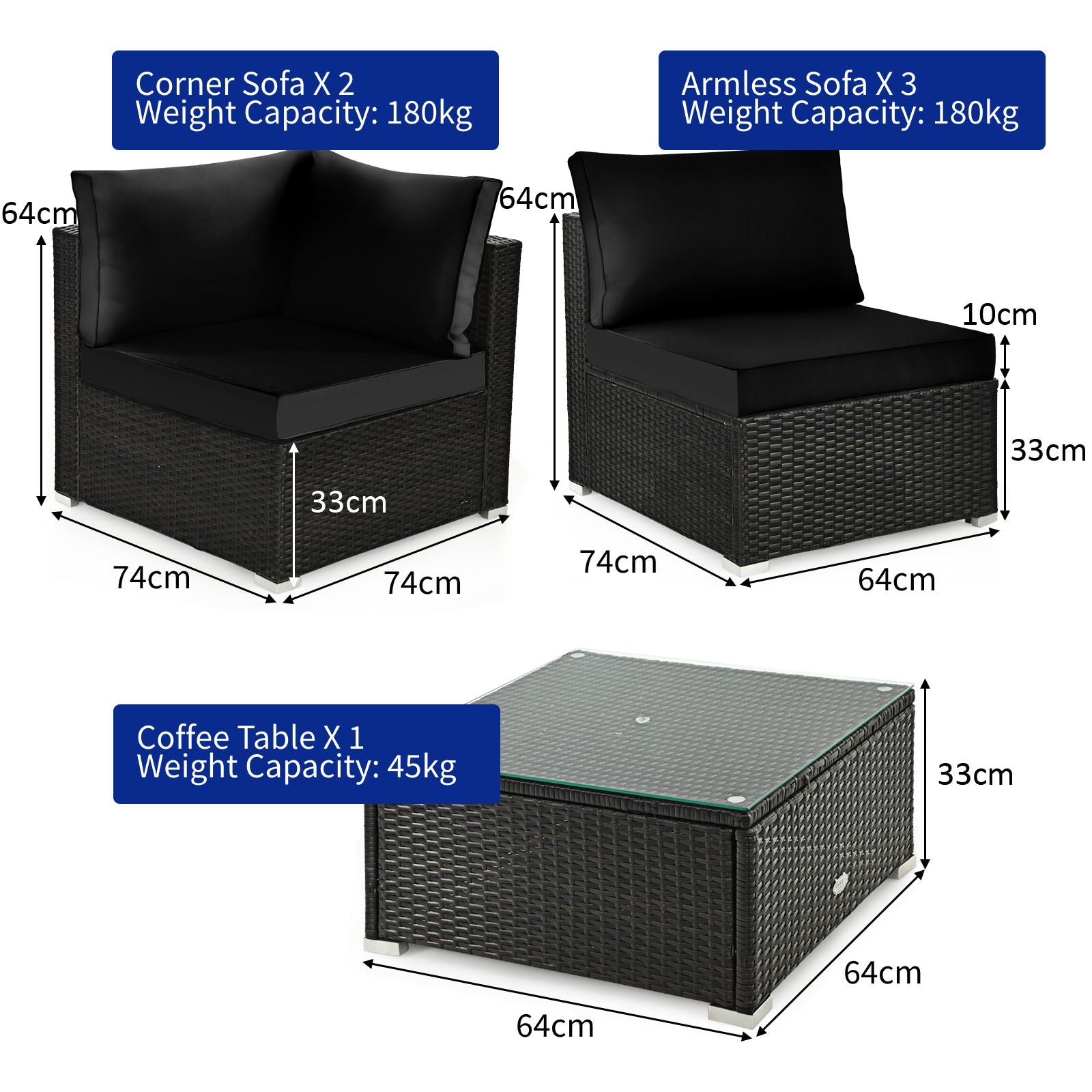 6 Piece Outdoor Rattan Sofa Set with Soft Seat and Back Cushions