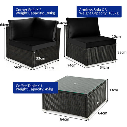 6 Piece Outdoor Rattan Sofa Set with Soft Seat and Back Cushions