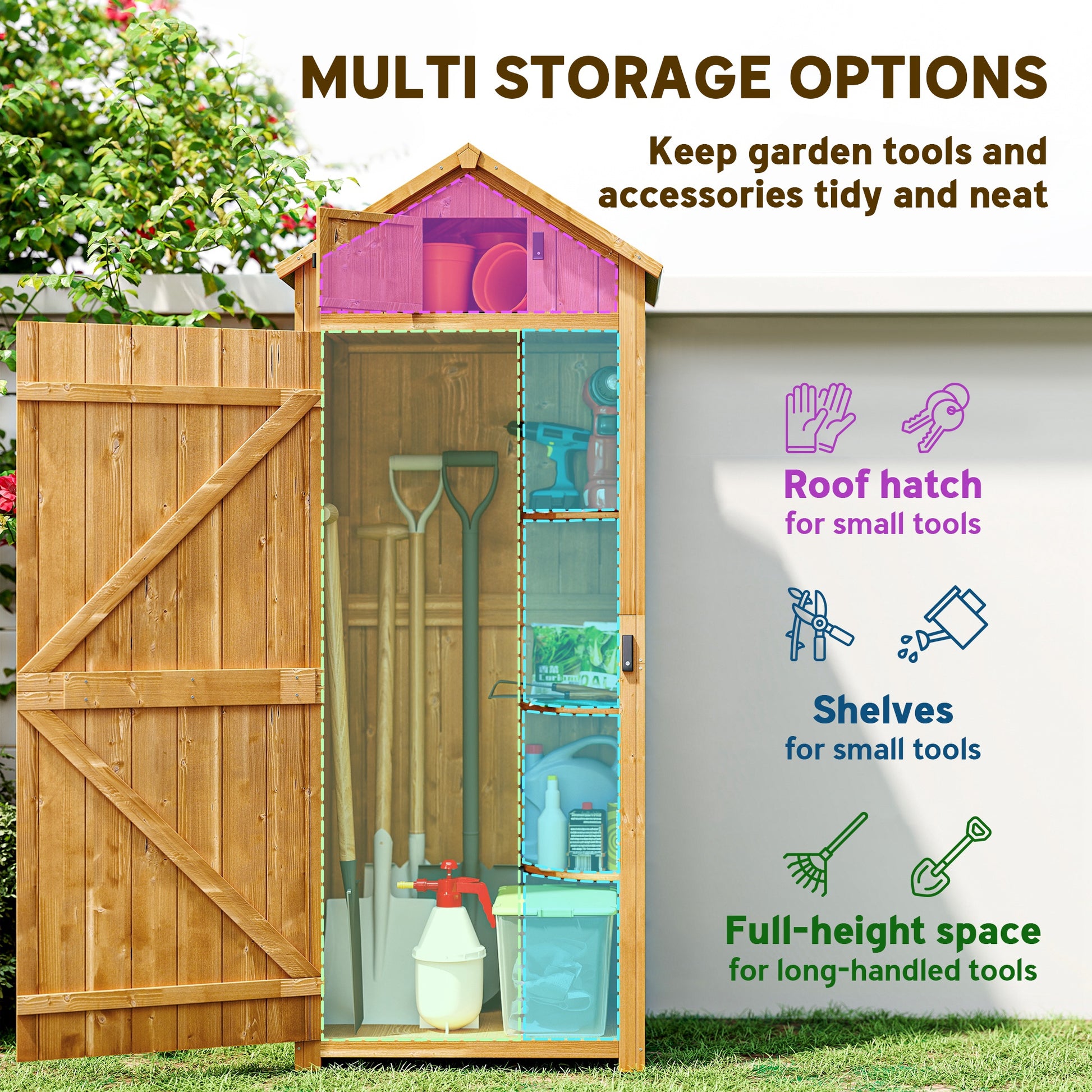 Garden Storage Shed 3 Shelves Tool House W/ Asphalt Roof 77 X 54 X 179 Cm