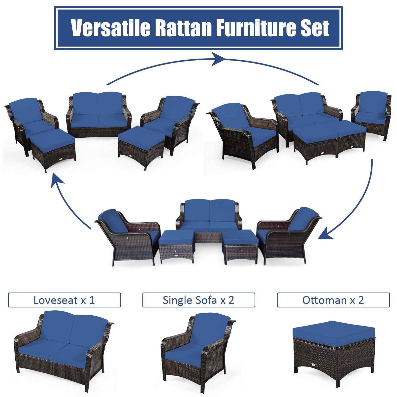 5 PCS Patio Furniture Set Outdoor Rattan Conversation Sofa Set Removable Cushion