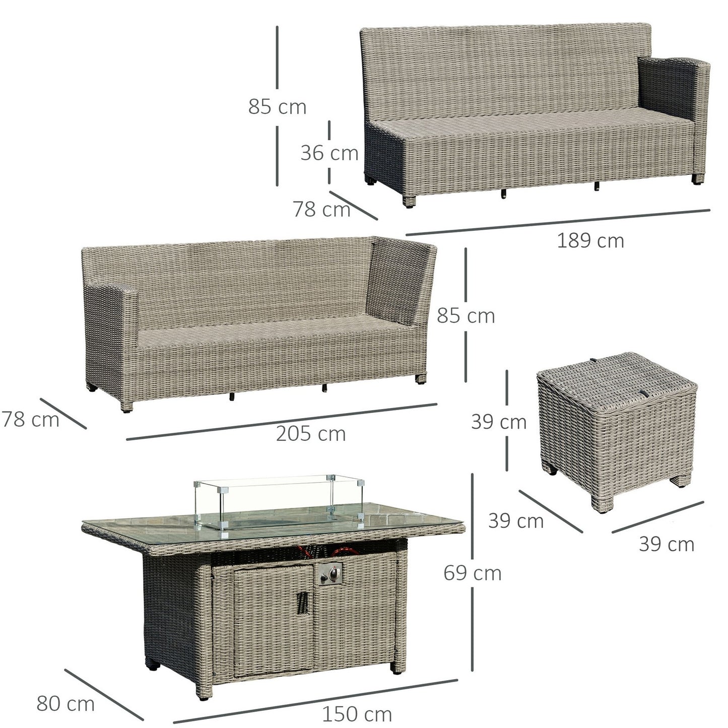5 Pcs Outdoor Rattan Corner Dining Set Footstool Gas Fire Pit Table Furniture