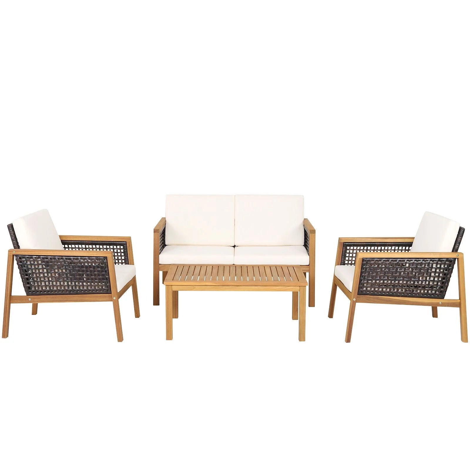 4-Piece Patio Acacia Wood Furniture Set with Removable Cushions