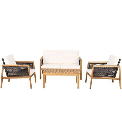 4-Piece Patio Acacia Wood Furniture Set with Removable Cushions