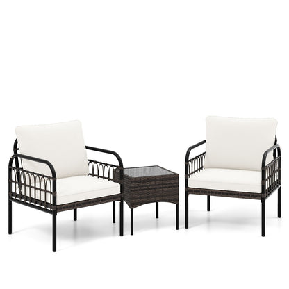 3 Pieces Patio Wicker Furniture Set with Cushioned Chairs and Tempered Glass Coffee Table