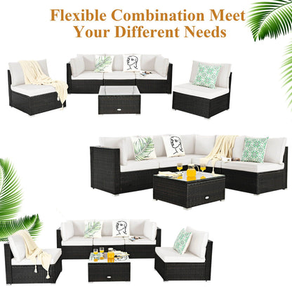 6 Piece Outdoor Rattan Sofa Set with Soft Seat and Back Cushions