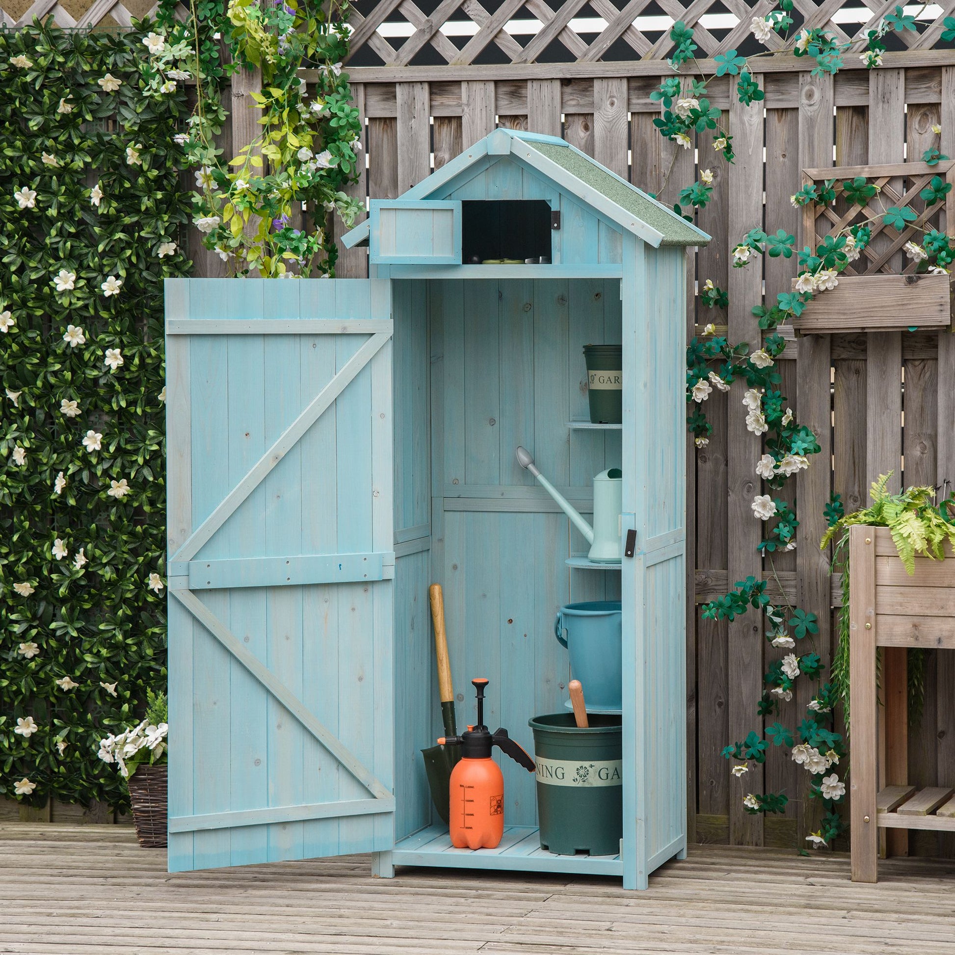 Garden Storage Shed 3 Shelves Tool House W/ Asphalt Roof 77 X 54 X 179 Cm