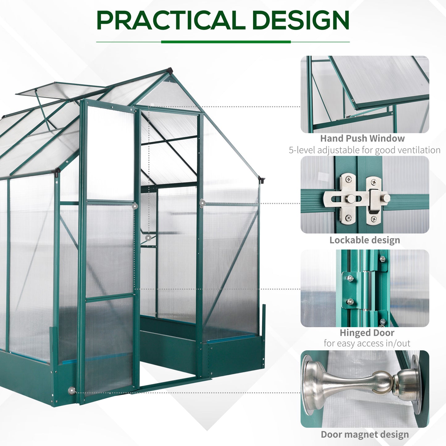 Walk-In Greenhouse Outdoor Polycarbonate Aluminium with Foundation Plant Bed