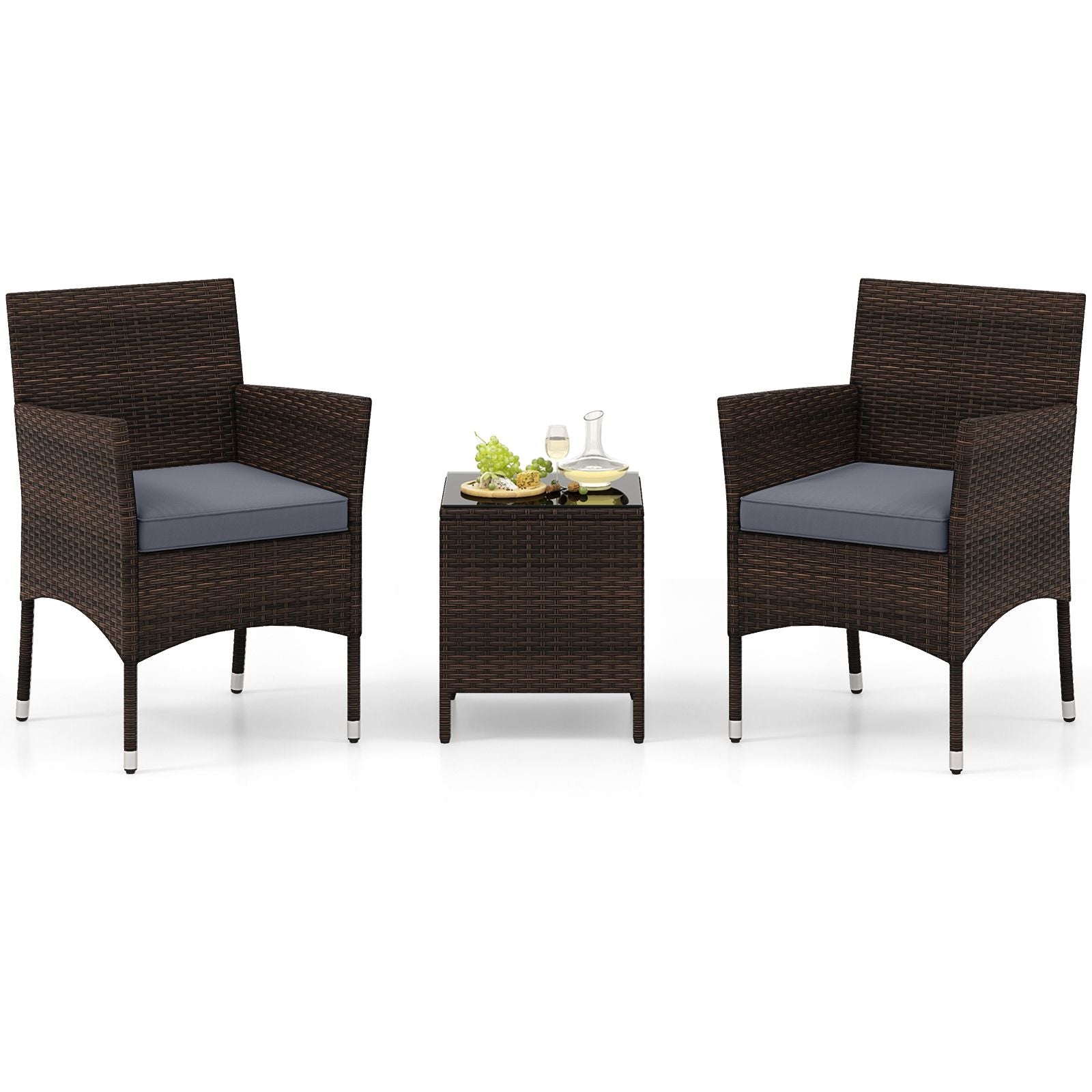 3 Pieces Patio Rattan Furniture Set with Soft Cushions and Glass Top Table