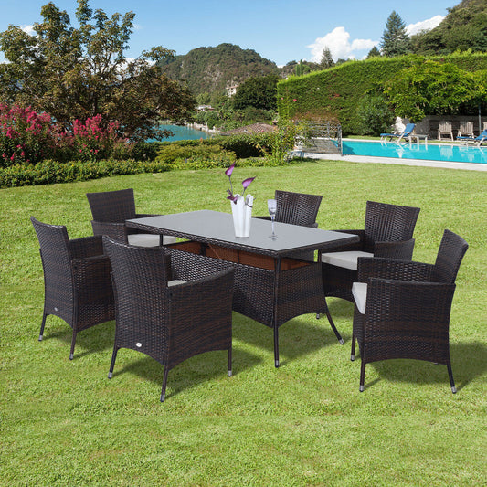 Outdoor Garden Rattan Furniture Cube Dining Set Rectangular Table 6 Chairs Brown