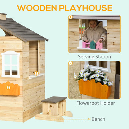 Outsunny Wooden Kids Playhouse Outdoor Garden Games Cottage, Windows, Bench, Service Stations, Flowerpot Holder